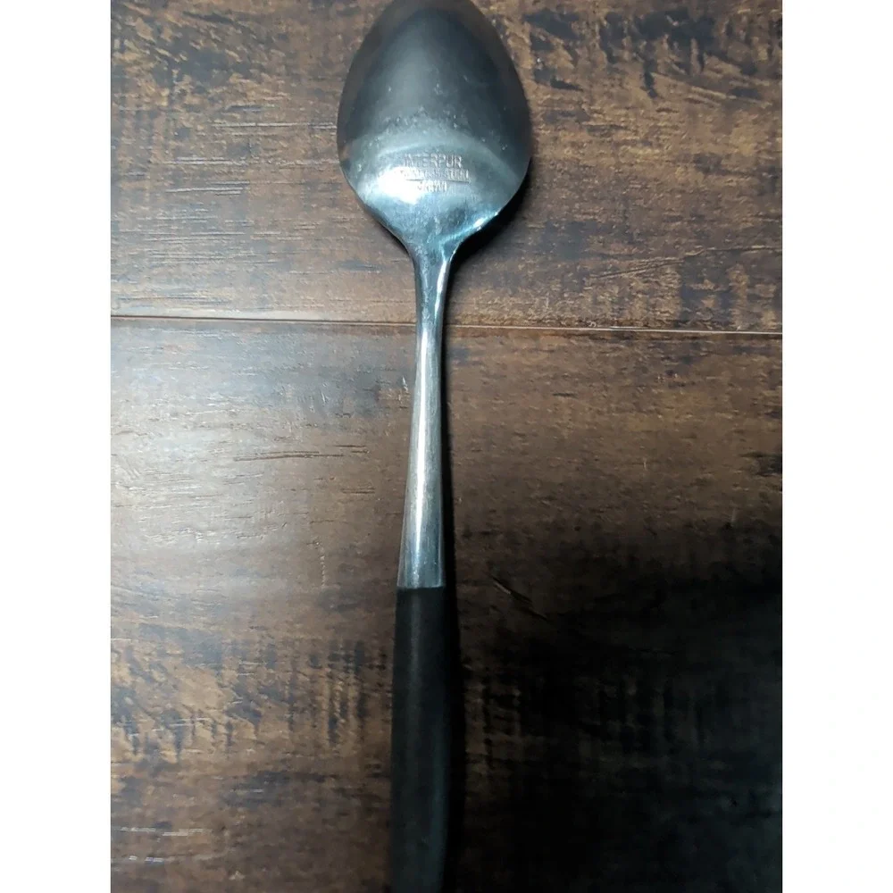 2 Interpur Stainless‎ Black Handle Teaspoon Canoe Heart Scroll Japan Vtg